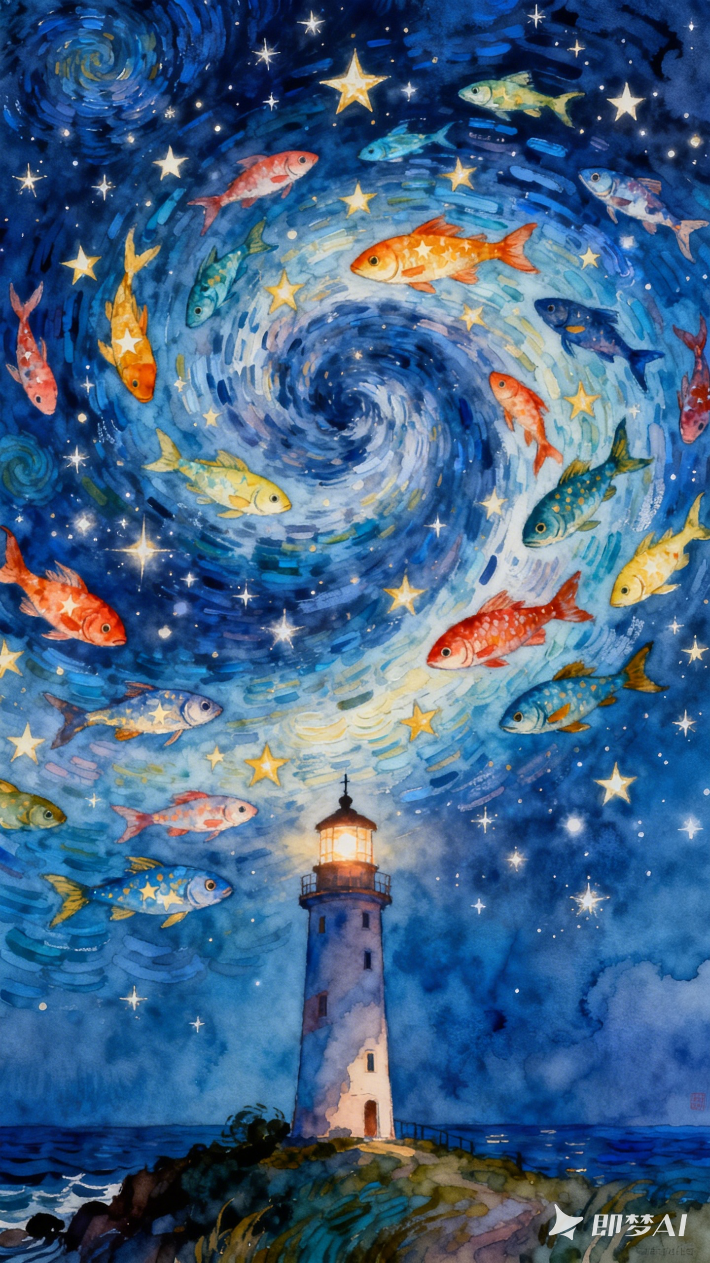 梵高风格宇宙星空灯塔
